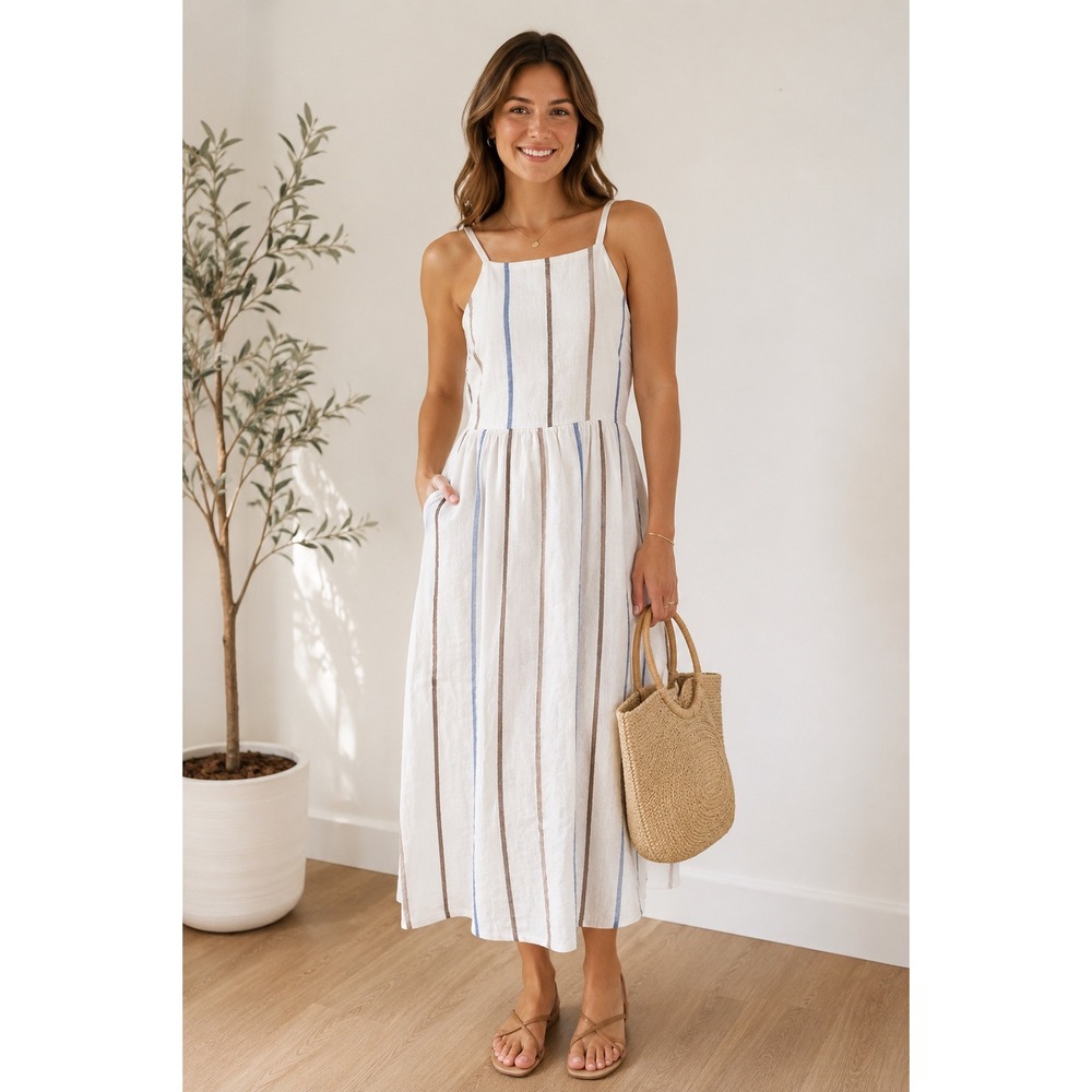 Lands End White Striped 100% Linen Midi Sundress Smocked Back size M 10-12